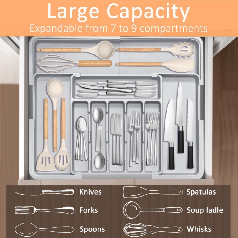 Kitchen Baking Tray Storage - Grijze uitbreidbare keukenbesteklade organizer, 9 compartimenten,